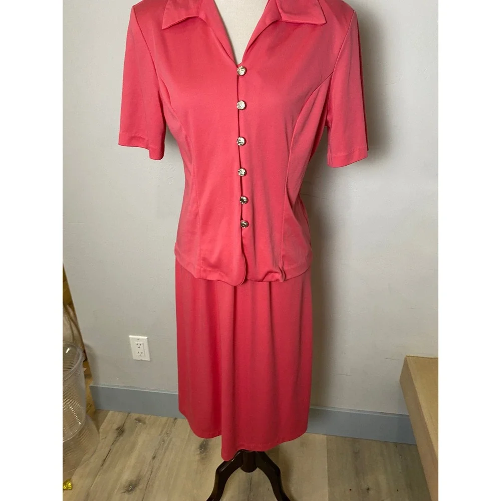 Vintage 70s Blair Pink Skirt Set Two Piece Dagger Collar Soft Midi Skirt S/M